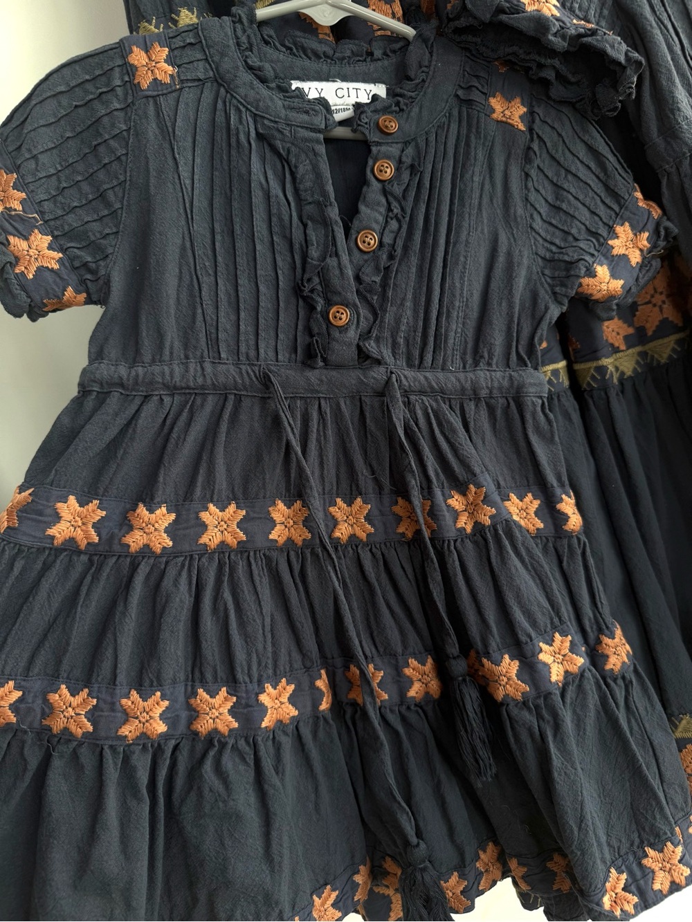 Ivy City Co Navy Dress with Tan Star Embroidery